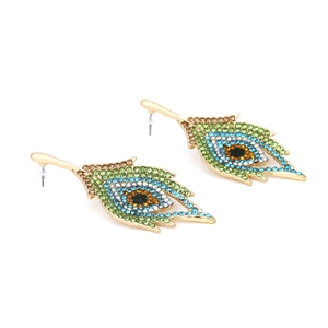 Exaggerated colorful rhinestone peacock feather drop earrings with gold plating