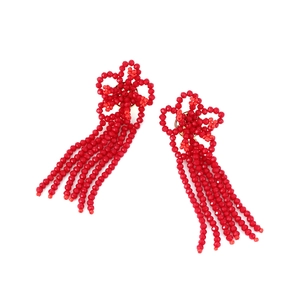 Handmade red crystal beaded fringe earrings with bohemian flower stud for women