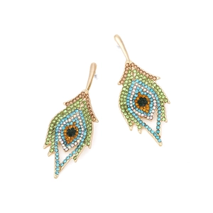 Exaggerated peacock feather drop earrings with colorful crystals in gold-tone metal