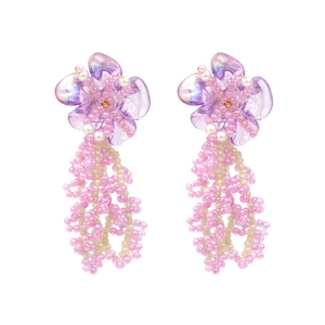 Boucles D'Oreilles À Pampilles Fleuries Fait Main Tissé Pétale De Résine Fausse Künstliche Perle Perlée Longue Goutte Douce Romantique Violet Pour Femmes