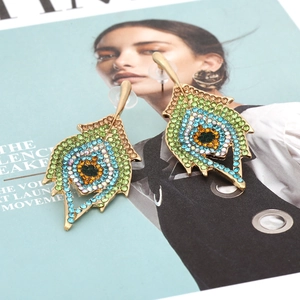 Luxurious leaf-shaped peacock feather earrings with multicolored rhinestones in gold setting