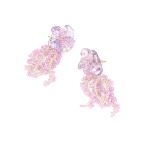Boucles d'oreilles artisanales fleurs violettes avec pampilles perlées et perles