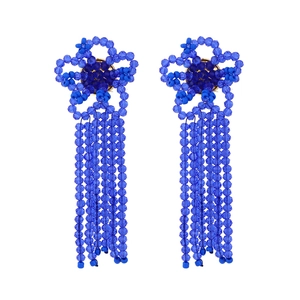 Bohemian dark blue handmade beaded tassel earrings with crystal flower stud accents