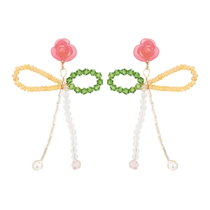 Boucles D'Oreilles Pendantes Florales Avec Rose En Résine Künstliche Perles De Cristal Tissées À La Main Et Künstliche Perle Longue Frange