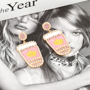 Creative juice cup drop earrings with pink enamel, pearls, and sparkling crystals