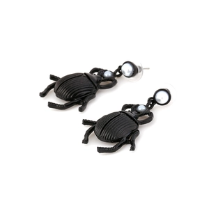 Creative black beetle drop earrings with white pearls and vintage textured insect design