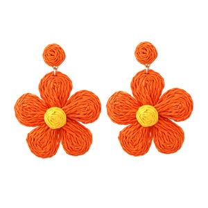 Handmade Woven Raffia Flower Drop Earrings Bohemian Summer Vacation Beach Style Floral Jewelry For Women