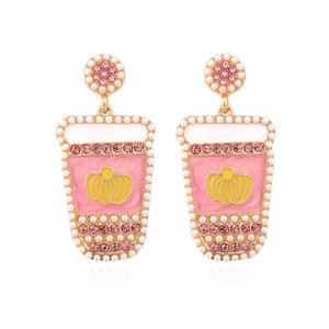Creative Juice Cup Dangle Earrings Alloy Enamel Rhinestone Faux Artificial Pearl Pink Sweet Beverage Shape Jewelry For Women