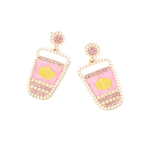 Juice cup earrings with pink enamel, yellow pumpkin, pearls, and crystals for women