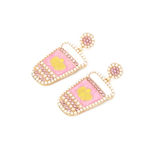 Pink juice cup earrings with colorful rhinestones and pearls in a creative design