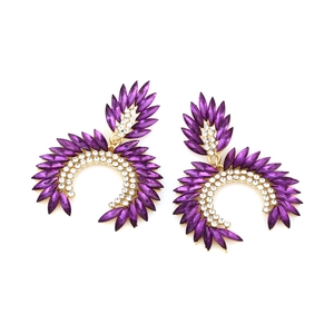 Vintage geometric gold earrings with purple marquise crystals and white rhinestones