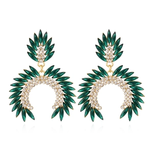 Retro geometric drop earrings with green marquise crystals and white rhinestones