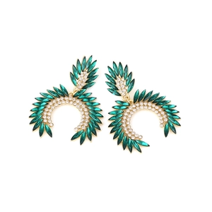 Vintage geometric fan earrings with green marquise crystals and gold metal finish