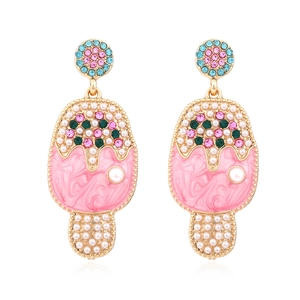 Alloy Ice Cream Popsicle Dangle Earrings With Colorful Rhinestone Enamel And Imitation Artificial Pearl Cute Summer Jewelry For Women