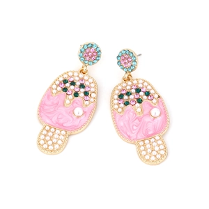 Colorful enamel ice cream earrings with sparkling rhinestones and pearl accents on white base