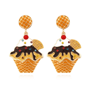 Ice Cream Cupcake Dangle Earrings Alloy Enamel Colorful Rhinestone Sweet Cute Food Jewelry For Women Party