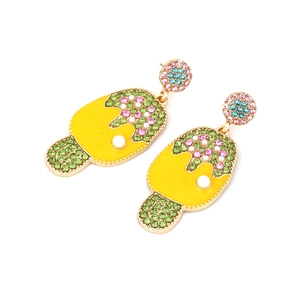 Cartoon ice cream earrings with yellow enamel, colorful rhinestones and pearl details