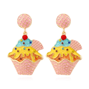 Colorful rhinestone cupcake drop earrings with pastel enamel drip and geometric design