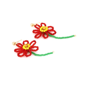 Orecchini a fiore fatti a mano con perline rosse e gambo verde in stile coreano