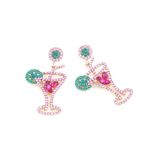 Boucles d'oreilles verre à cocktail avec strass roses et turquoise sur alliage doré