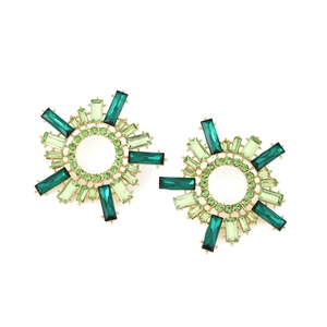 Vintage gold sunflower earrings with emerald green crystals and sunburst geometric design