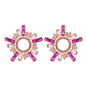 Vintage oversized sunburst earrings with pink and champagne crystals on gold alloy base
