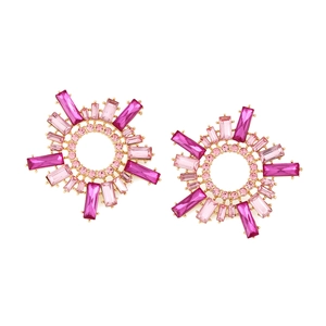 Pink sunburst earrings with colorful geometric rhinestones in a vintage gold alloy setting