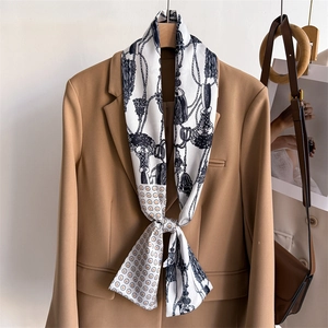 Sciarpa Twilly Lunga E Stretta Con Stampa Catena Nappa E Pois Doppio Strato Cravatta Raso Simulata Fascia Capelli Donna