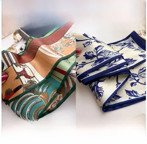 Detail of silk skinny scarves with equestrian print and floral pattern showing fine edges