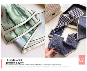 Detail of double-layer faux silk scarves featuring green nature and blue geometric prints