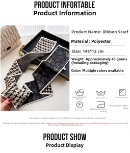 Detail showing polyester scarf specifications and 145x12CM dimensions for styling