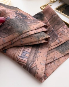 Detail of vintage double-layer silk scarf with traditional Chinese art print and texture