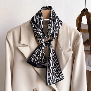 Women Skinny Scarf Faux Satin Printed Neck Tie Bag Handle Decoration Elegant Floral Paisley Equestrian Pattern Headband