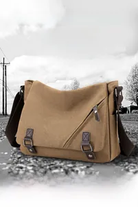 Detail of khaki canvas messenger bag showing 6-layer pockets and durable strap