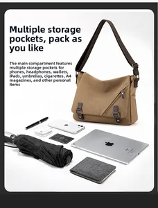 Detail view of khaki canvas crossbody bag with internal storage for iPad and accessories