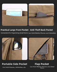 Detail view of khaki canvas crossbody bag with multiple functional storage pockets