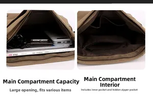 Detailed interior of large capacity canvas messenger bag showing multiple compartments
