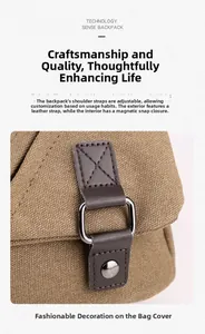 Detail view of khaki canvas shoulder bag with adjustable strap and leather magnetic buckle