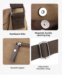 Detailed view of canvas shoulder bag showing metal buckles, leather zippers and magnetic snaps