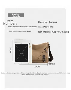 Size chart showing large capacity canvas bag dimensions 25x32x10cm with iPad comparison