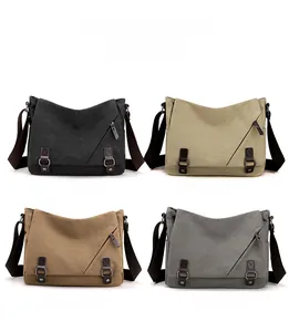 Canvas messenger bag set showing black, khaki, coffee, and gray color options with leather trim