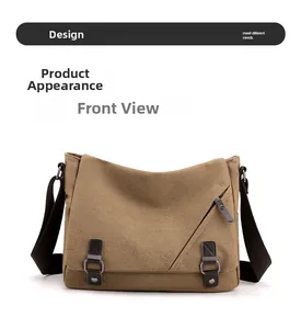 Front view showing khaki canvas messenger bag with brown leather accents and magnetic buckle