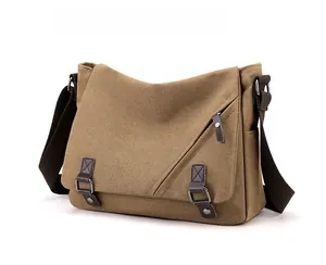 Side view of vintage canvas messenger bag showing multiple pockets and durable straps