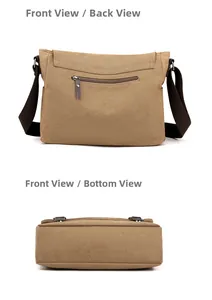 Detail view of khaki canvas crossbody bag showing back zipper pocket and bottom structure