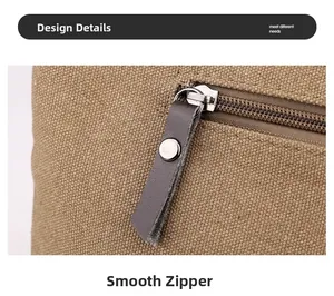 Detail of smooth zipper closure with long brown leather pull on canvas shoulder bag