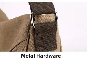 Detail of khaki canvas bag with brown strap and silver metal buckle attachment