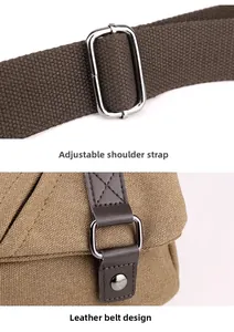 Detail of adjustable canvas shoulder strap and leather buckle on khaki messenger bag