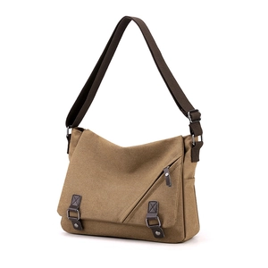 Classic khaki canvas messenger bag for men with adjustable shoulder strap and metal buckles
