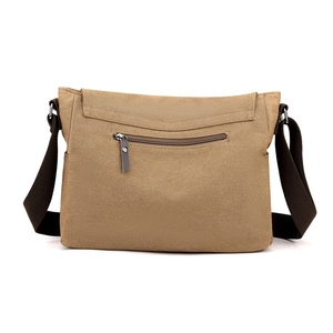 Men's khaki canvas crossbody bag with back zipper pocket and adjustable shoulder strap