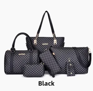 Detailed view of 6-piece black PU leather handbag set with geometric print and gold hardware